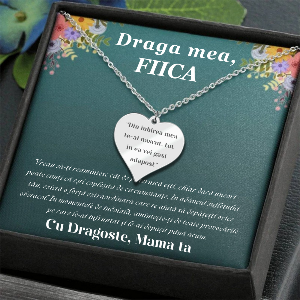 Set Cadou Colier Argint 925, cutiuta personalizata cu felicitare de iubire de la Mama pentru Fiica - "Din iubire te-ai nascut"