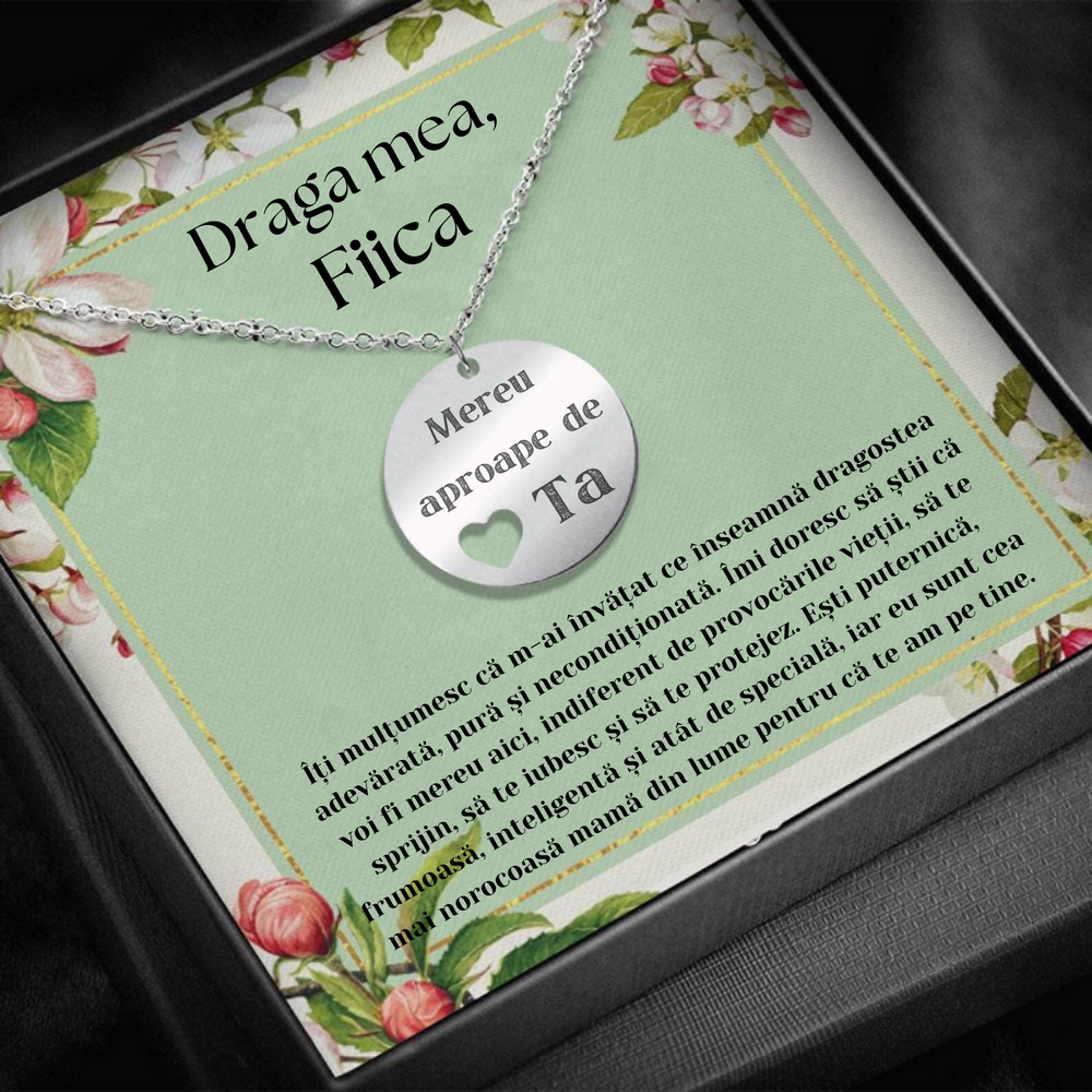 Set Cadou Colier Argint 925, cutiuta personalizata cu felicitare de iubire de la Mama pentru Fiica - "Mereu aproape de inima ta"