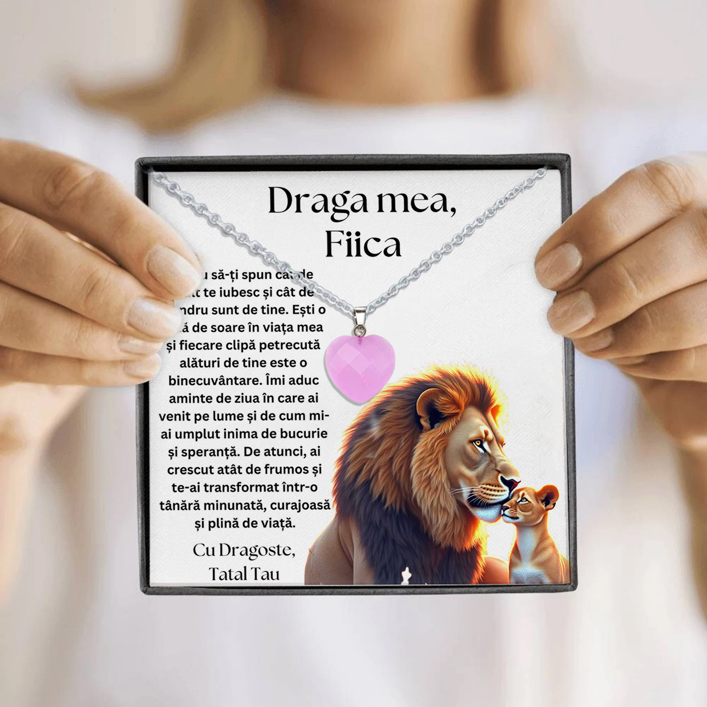 Set Cadou special  Colier din otel inoxidabil si pandantiv piatra Quart simbolul iubirii, cutiuta personalizata cu felicitare de iubire de la Tata pentru Fiica