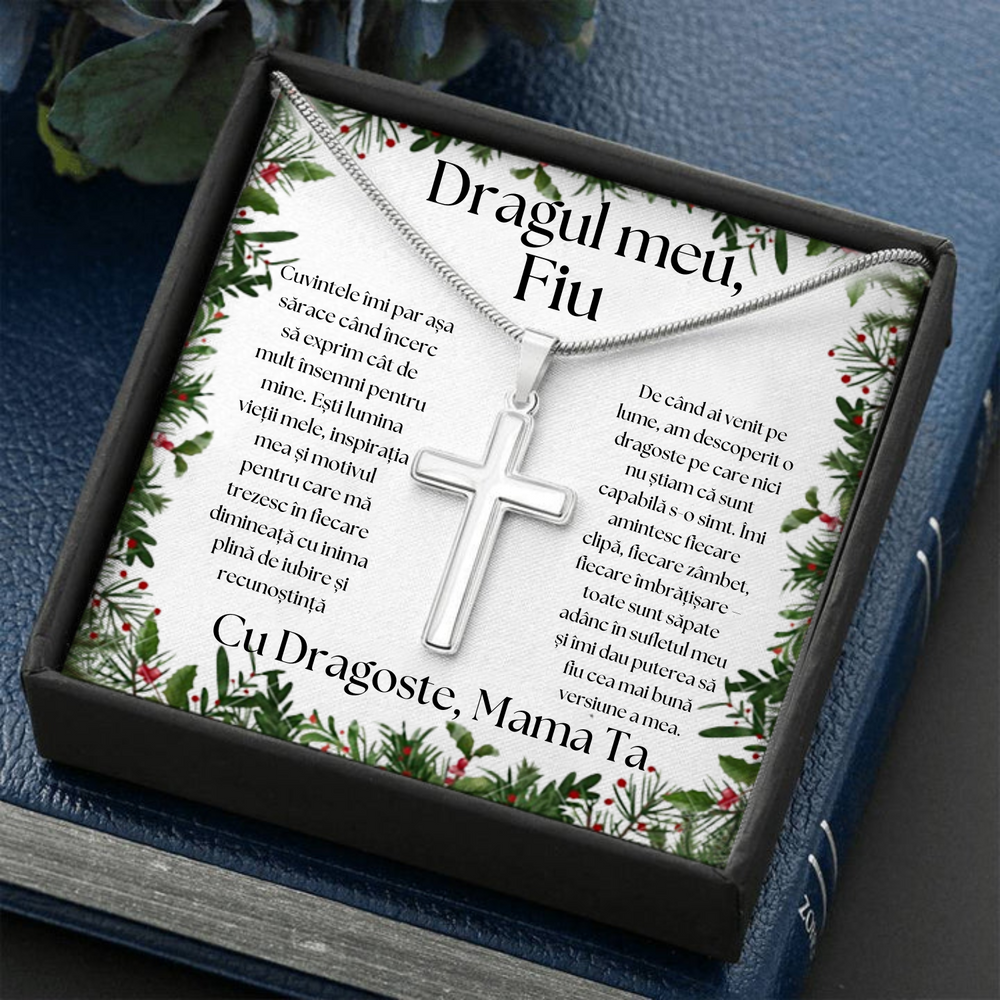 Set Cadou colier cruciulita din otel inoxidabil special de Craciun cu mesaj de iubire și cutie gravata de la Mama pentru Fiu