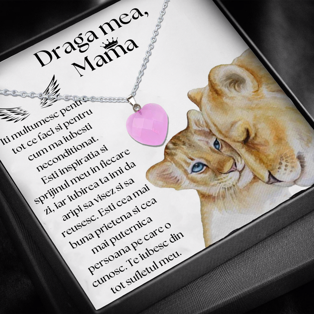 Set Cadou special  Colier din otel inoxidabil si pandantiv piatra Quart simbolul iubirii, cutiuta personalizata cu felicitare de iubire de la Fiu/Fiica  pentru Mama