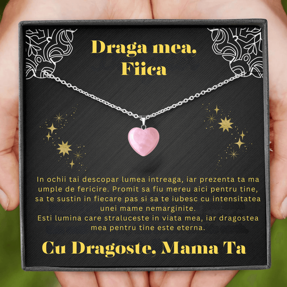 Set Cadou Colier din Argint 925 si Piatra Quart simbolul iubirii, cutie deosebita cu print de dragoste si felicitare cu mesaj de iubire de la Mama pentru Fiica