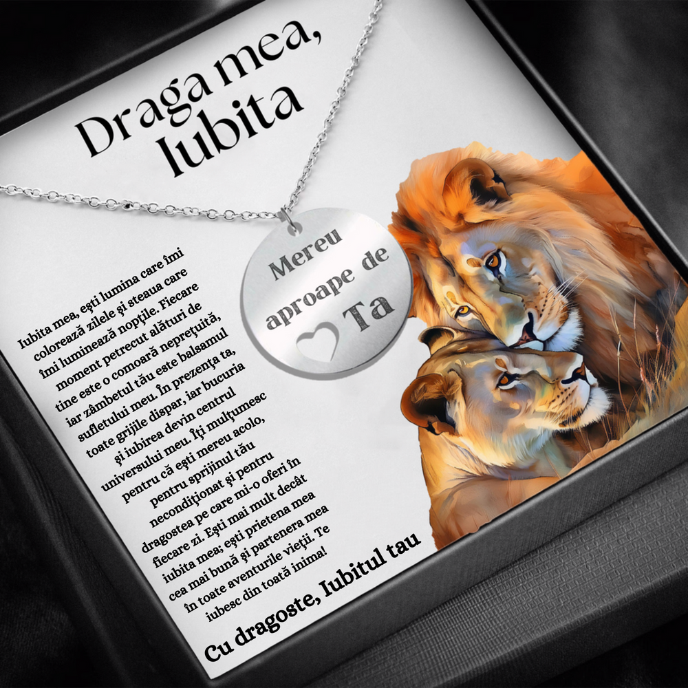 Set Cadou Colier Argint 925, cutiuta personalizata cu felicitare de iubire de la Iubit pentru Iubita "Mereu aproape de inima ta"