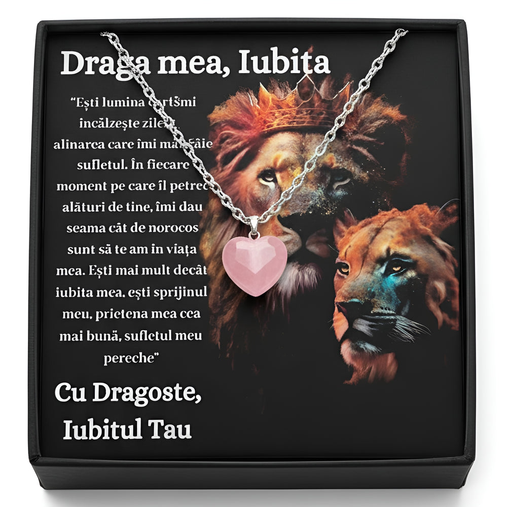 Cadou Iubita Colier cu piatra Quart simbolul iubirii si cutie cu mesaj de dragoste
