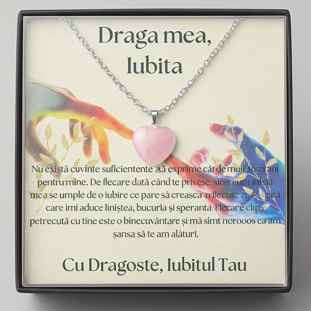 Set Cadou special  Colier din otel inoxidabil si pandantiv piatra Quart simbolul iubirii, cutiuta personalizata cu felicitare de iubire de la Iubit pentru Iubita Love