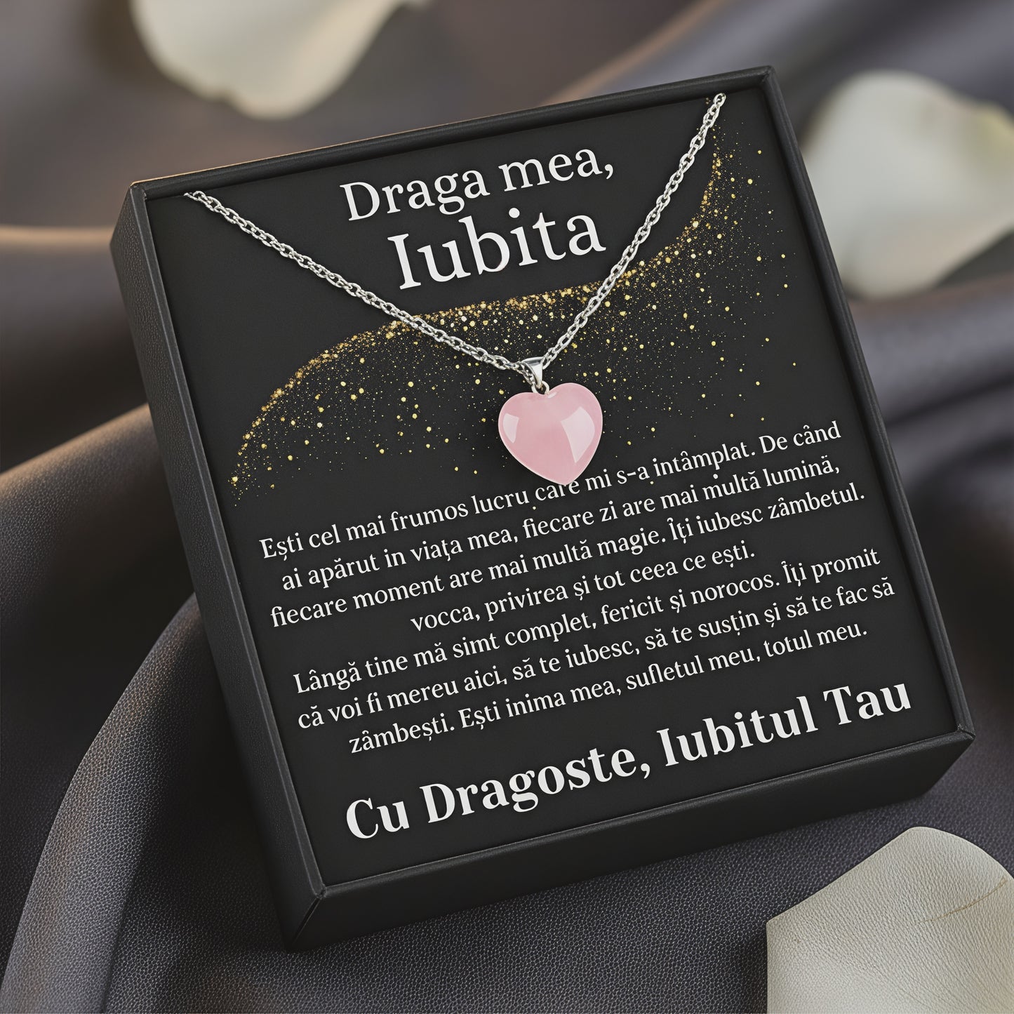 Set Cadou Colier cu Piatra Quart simbolul iubirii, cutie deosebita cu print de dragoste si felicitare cu mesaj de iubire de la Iubit pentru Iubita