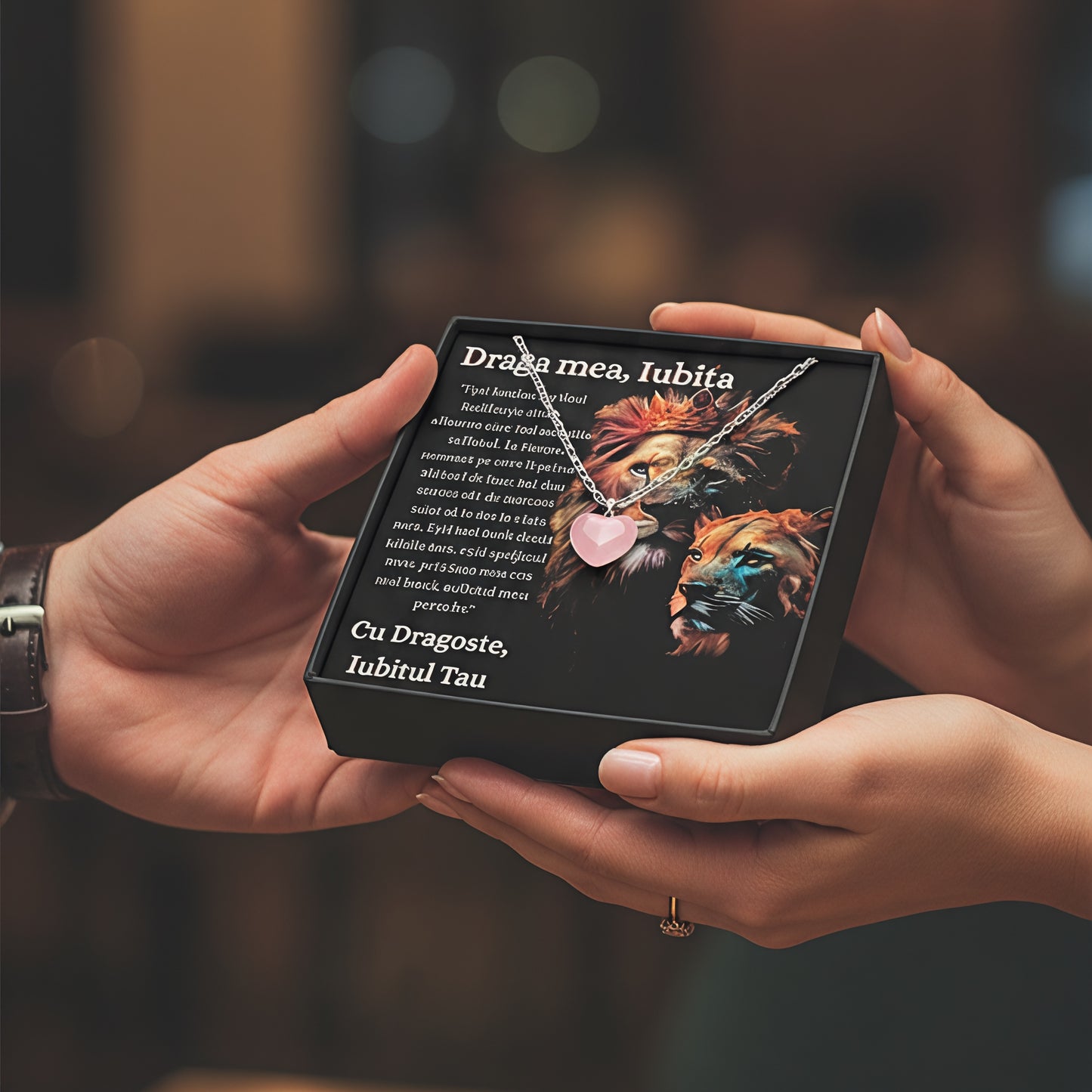 Cadou Iubita Colier cu piatra Quart simbolul iubirii si cutie cu mesaj de dragoste