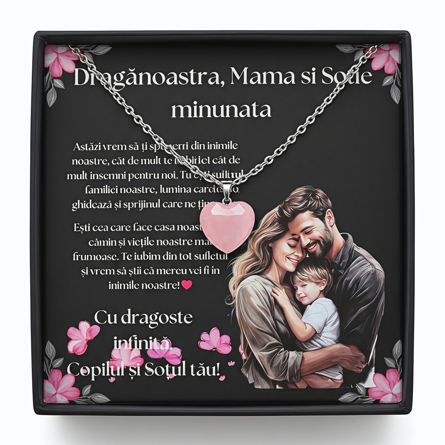 Set Cadou special  Colier din otel inoxidabil si pandantiv piatra Quart simbolul iubirii, cutiuta personalizata cu felicitare de iubire de la Fiu/Fiica si Sot pentru Mama/Sotie