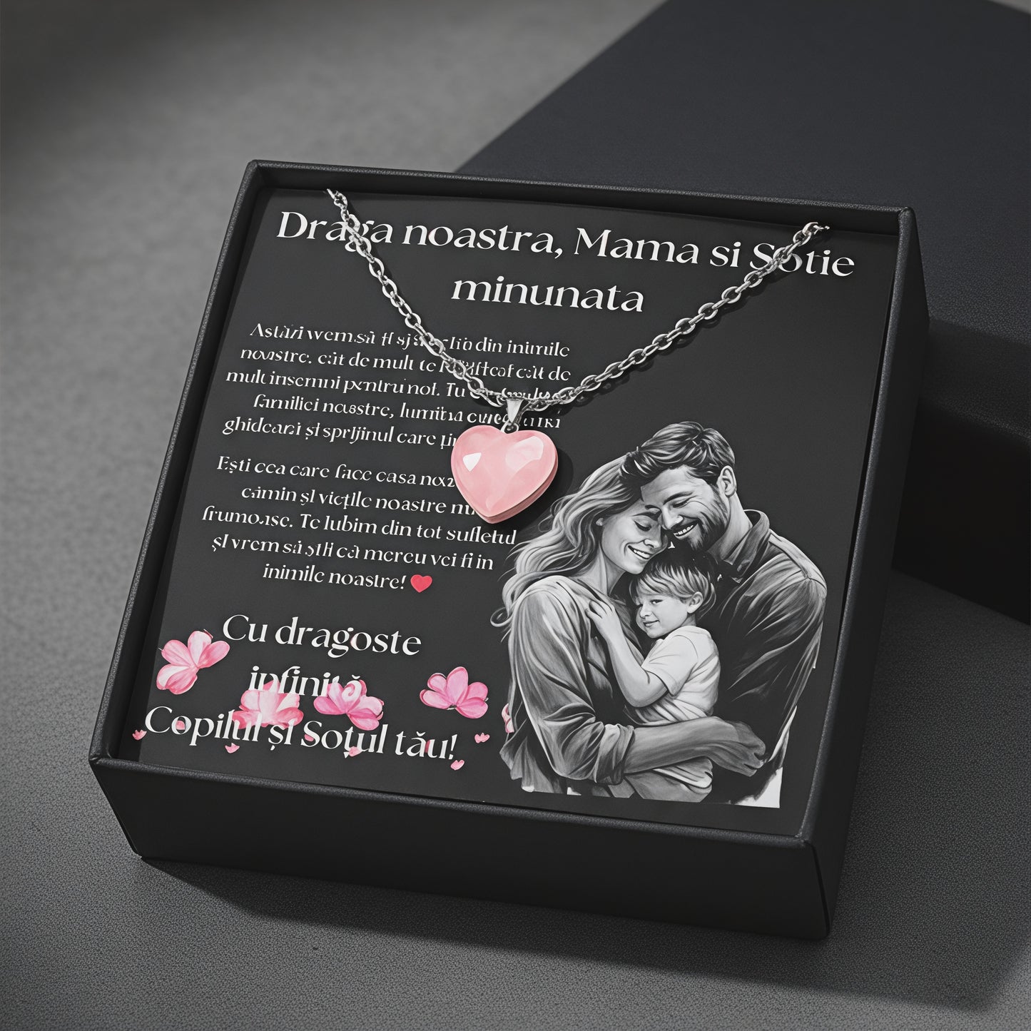 Set Cadou special  Colier din otel inoxidabil si pandantiv piatra Quart simbolul iubirii, cutiuta personalizata cu felicitare de iubire de la Fiu/Fiica si Sot pentru Mama/Sotie