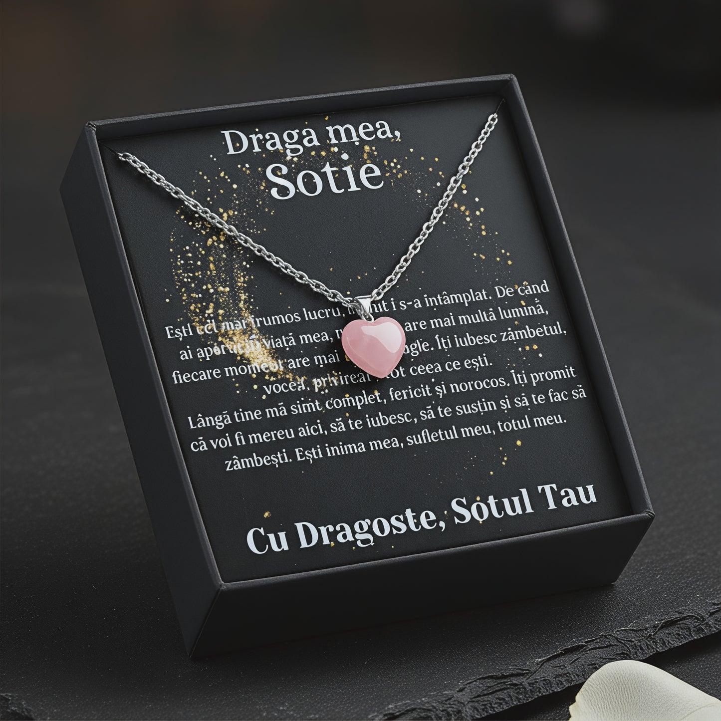 Set Cadou special  Colier din otel inoxidabil si pandantiv piatra Quart simbolul iubirii, cutiuta personalizata cu felicitare de iubire de la Sot pentru Sotie