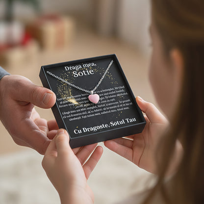 Set Cadou special  Colier din otel inoxidabil si pandantiv piatra Quart simbolul iubirii, cutiuta personalizata cu felicitare de iubire de la Sot pentru Sotie