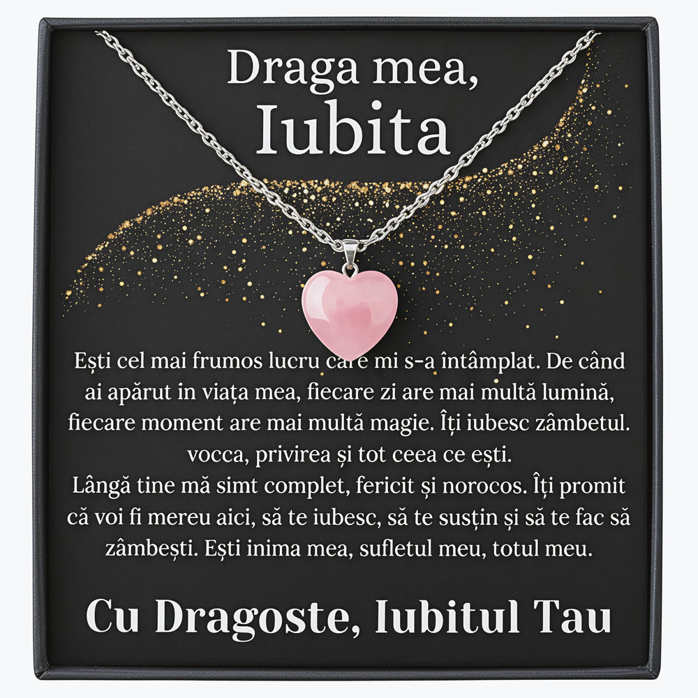 Set Cadou Colier cu Piatra Quart simbolul iubirii, cutie deosebita cu print de dragoste si felicitare cu mesaj de iubire de la Iubit pentru Iubita