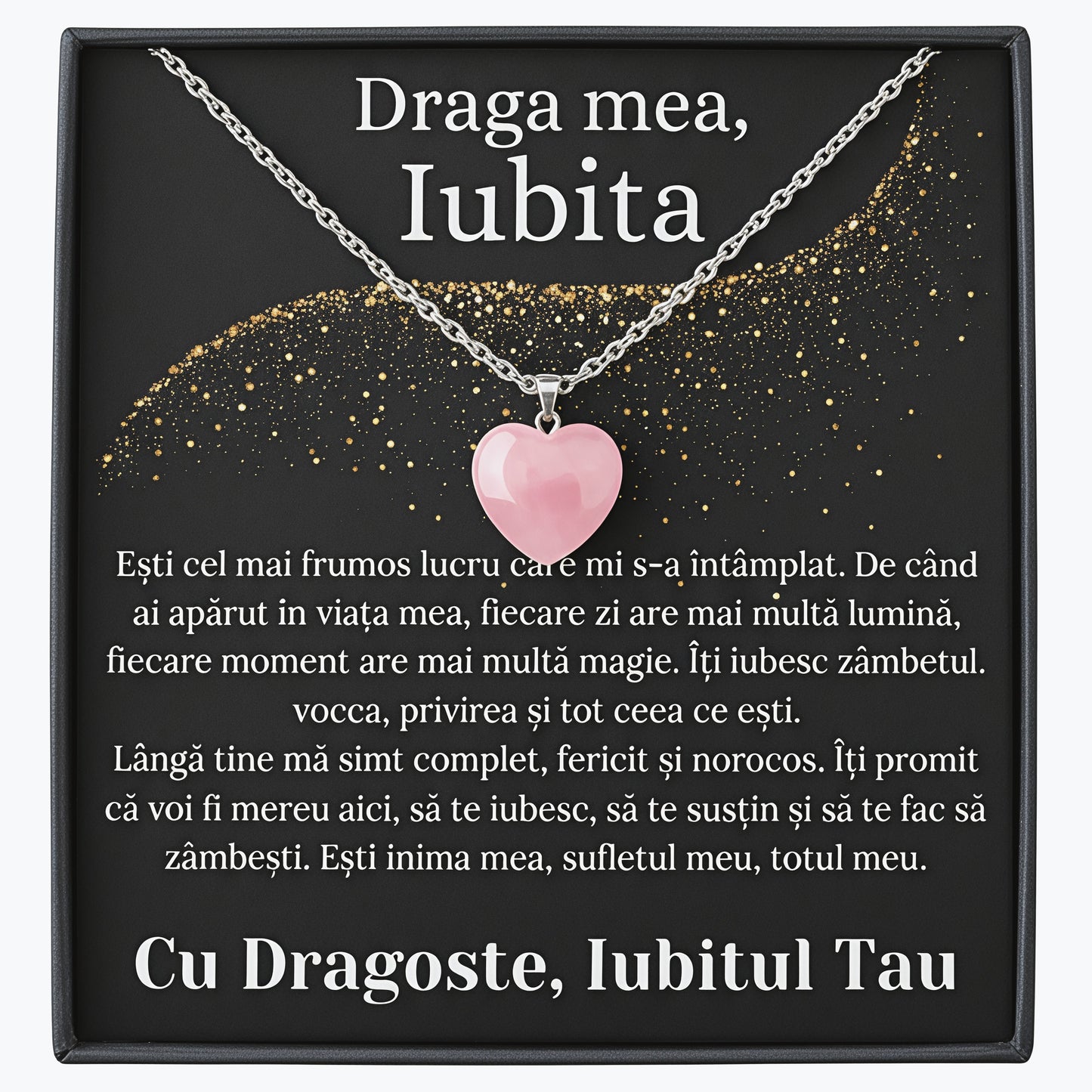 Set Cadou Colier cu Piatra Quart simbolul iubirii, cutie deosebita cu print de dragoste si felicitare cu mesaj de iubire de la Iubit pentru Iubita