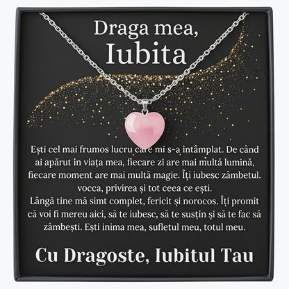 Set Cadou Colier cu Piatra Quart simbolul iubirii, cutie deosebita cu print de dragoste si felicitare cu mesaj de iubire de la Iubit pentru Iubita