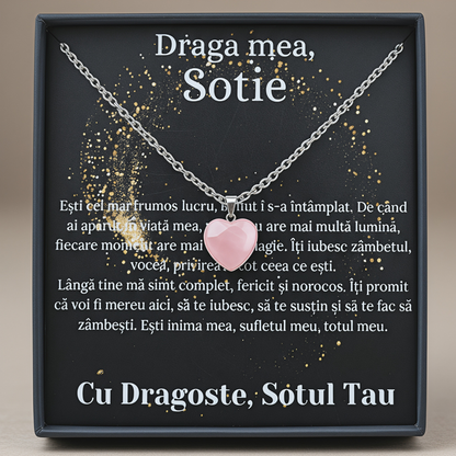 Set Cadou special  Colier din otel inoxidabil si pandantiv piatra Quart simbolul iubirii, cutiuta personalizata cu felicitare de iubire de la Sot pentru Sotie