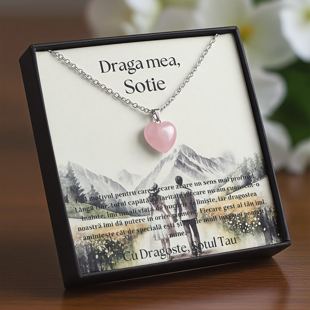 Set Cadou special  Colier din otel inoxidabil si pandantiv piatra Quart simbolul iubirii, cutiuta personalizata cu felicitare de iubire de la Sot pentru Sotie