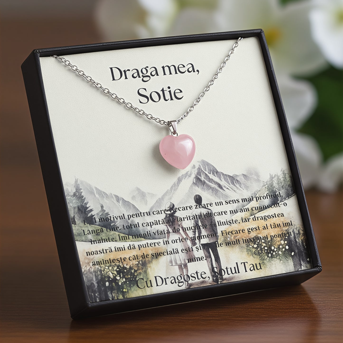 Set Cadou special  Colier din otel inoxidabil si pandantiv piatra Quart simbolul iubirii, cutiuta personalizata cu felicitare de iubire de la Sot pentru Sotie