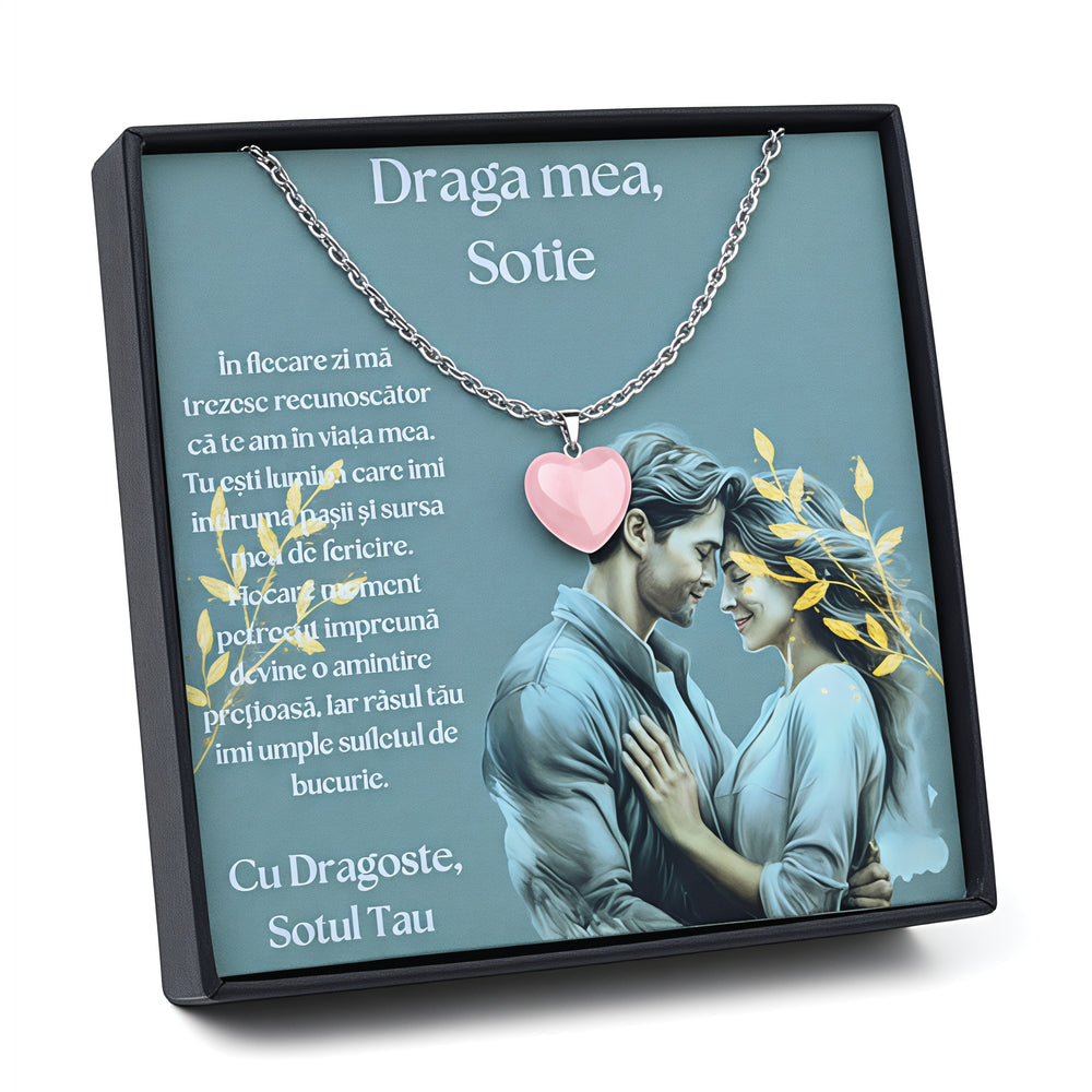 Set Cadou special  Colier din otel inoxidabil si pandantiv piatra Quart simbolul iubirii, cutiuta personalizata cu felicitare de iubire de la Sot pentru Sotie