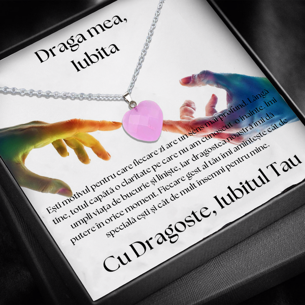 Set Cadou special  Colier din otel inoxidabil si pandantiv piatra Quart simbolul iubirii, cutiuta personalizata cu felicitare de iubire de la Iubit pentru Iubita Love