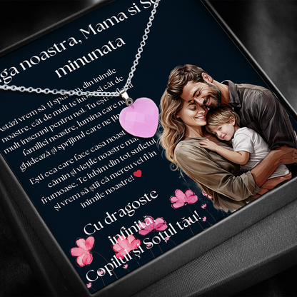 Set Cadou special  Colier din otel inoxidabil si pandantiv piatra Quart simbolul iubirii, cutiuta personalizata cu felicitare de iubire de la Fiu/Fiica si Sot pentru Mama/Sotie