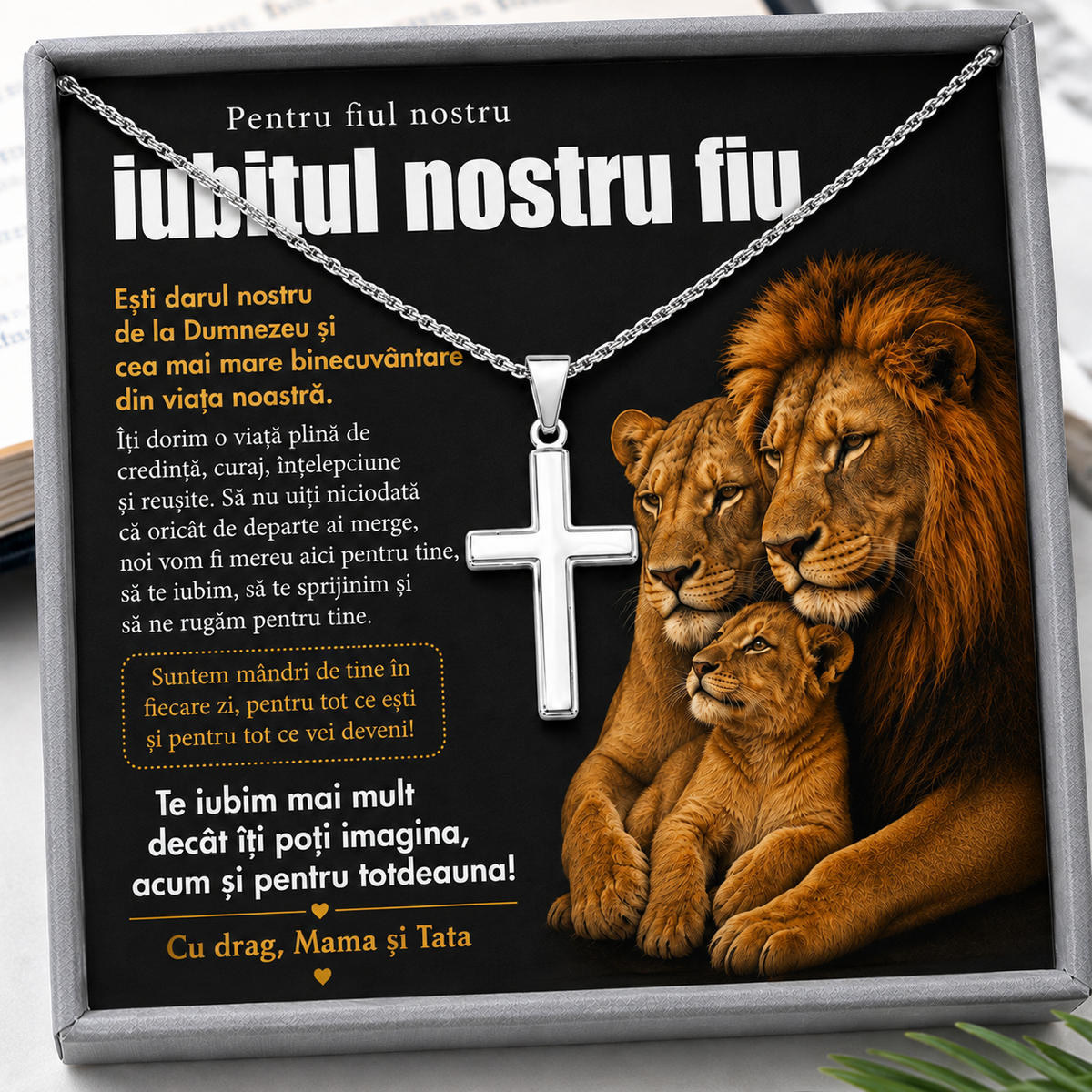Cadou Fiu - Lantisor cu Cruce si mesaj de Dragoste