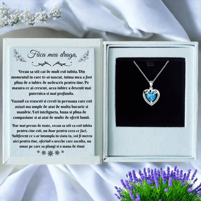 Set Cadou Colier din Argint 925 placat cu aur alb Rodiat, cutie deosebita in forma de carte cu mesaj emotionant in interior de la Mama pentru Fiica