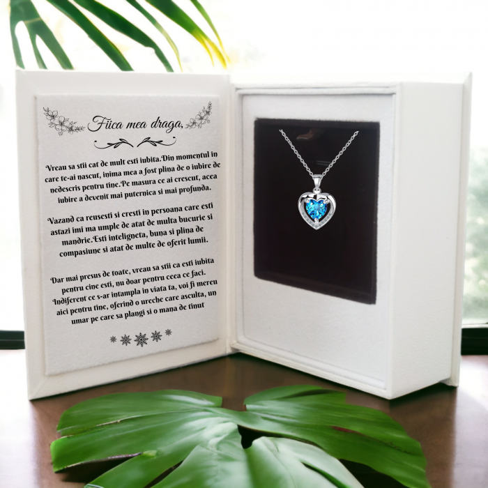 Set Cadou Colier din Argint 925 placat cu aur alb Rodiat, cutie deosebita in forma de carte cu mesaj emotionant in interior de la Mama pentru Fiica
