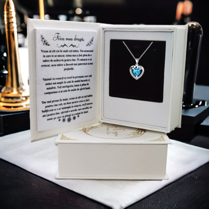 Set Cadou Colier din Argint 925 placat cu aur alb Rodiat, cutie deosebita in forma de carte cu mesaj emotionant in interior de la Mama pentru Fiica