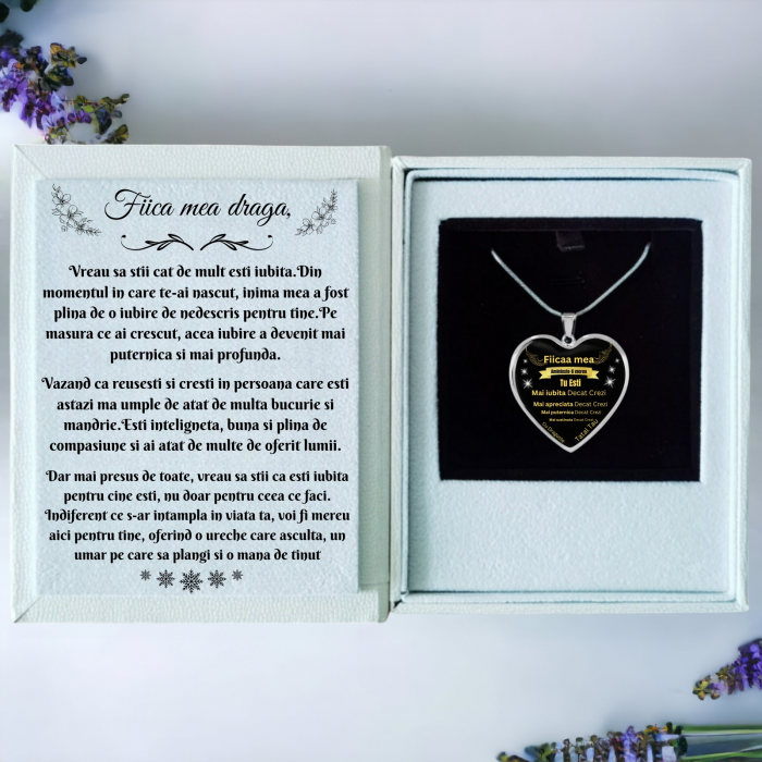 Set Cadou Colier Otel inoxidabil cu mesaj in interior motivational si cutie deosebita in forma de carte cu mesaj emotionant in interior de la Tata pentru Fiica