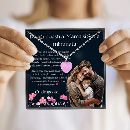 Set Cadou special  Colier din otel inoxidabil si pandantiv piatra Quart simbolul iubirii, cutiuta personalizata cu felicitare de iubire de la Fiu/Fiica si Sot pentru Mama/Sotie